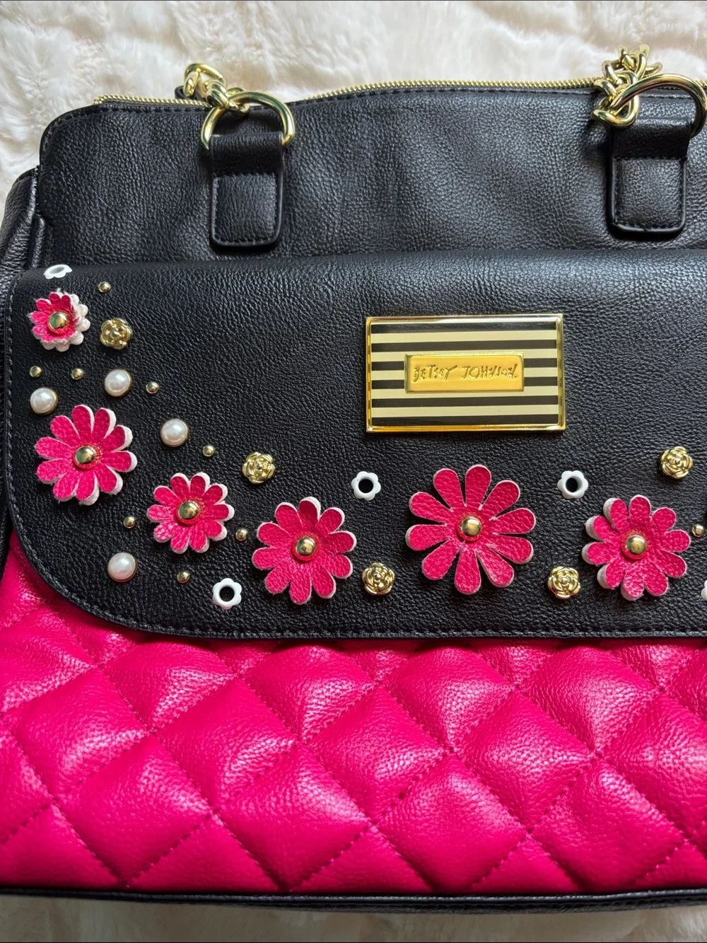 Betsey Johnson Black & Hot Pink Floral Appliqué Satchel